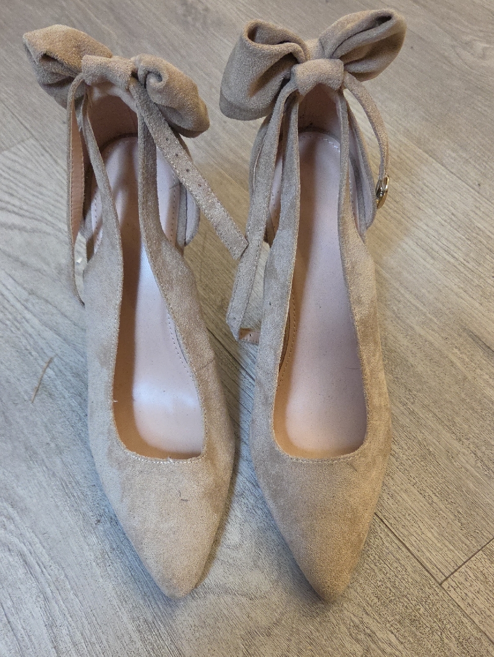 Suede Pointed Toe Ankle Tie Heels in Taupe
